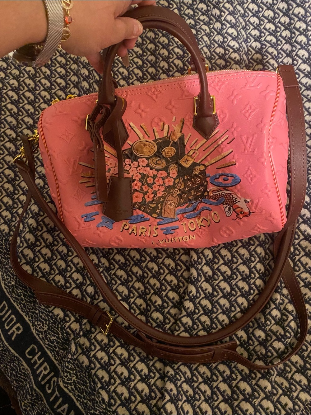 Louis Vuitton Pink Embossed Satchel with Brown Trim and Paris Tokyo Graphic